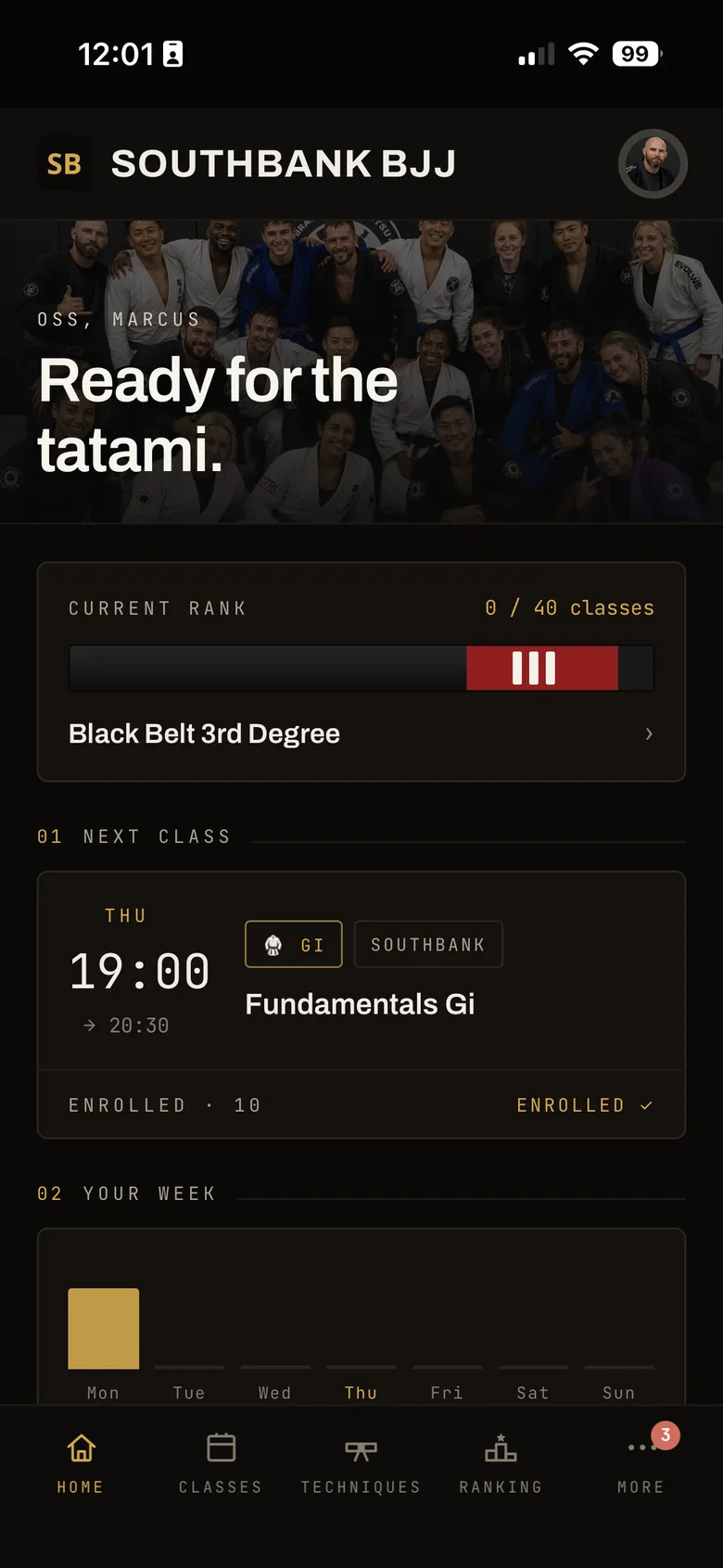 Ossly running a real academy: home screen, classes, techniques, ranking, payments and attendance